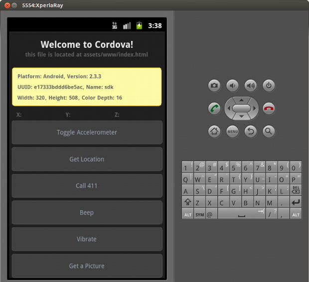 Hello World criado pelo PhoneGap sendo executado no Emulador